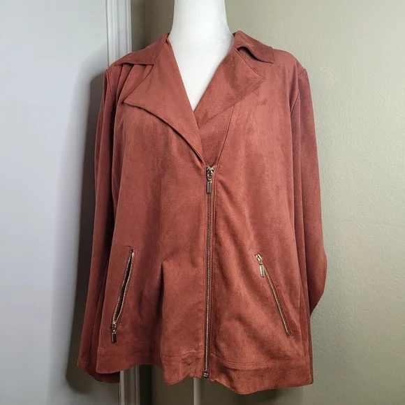 Chicos Rust Faux Leather Full Zip Elongated Jacket Size 12/14 - Picture 9 of 13